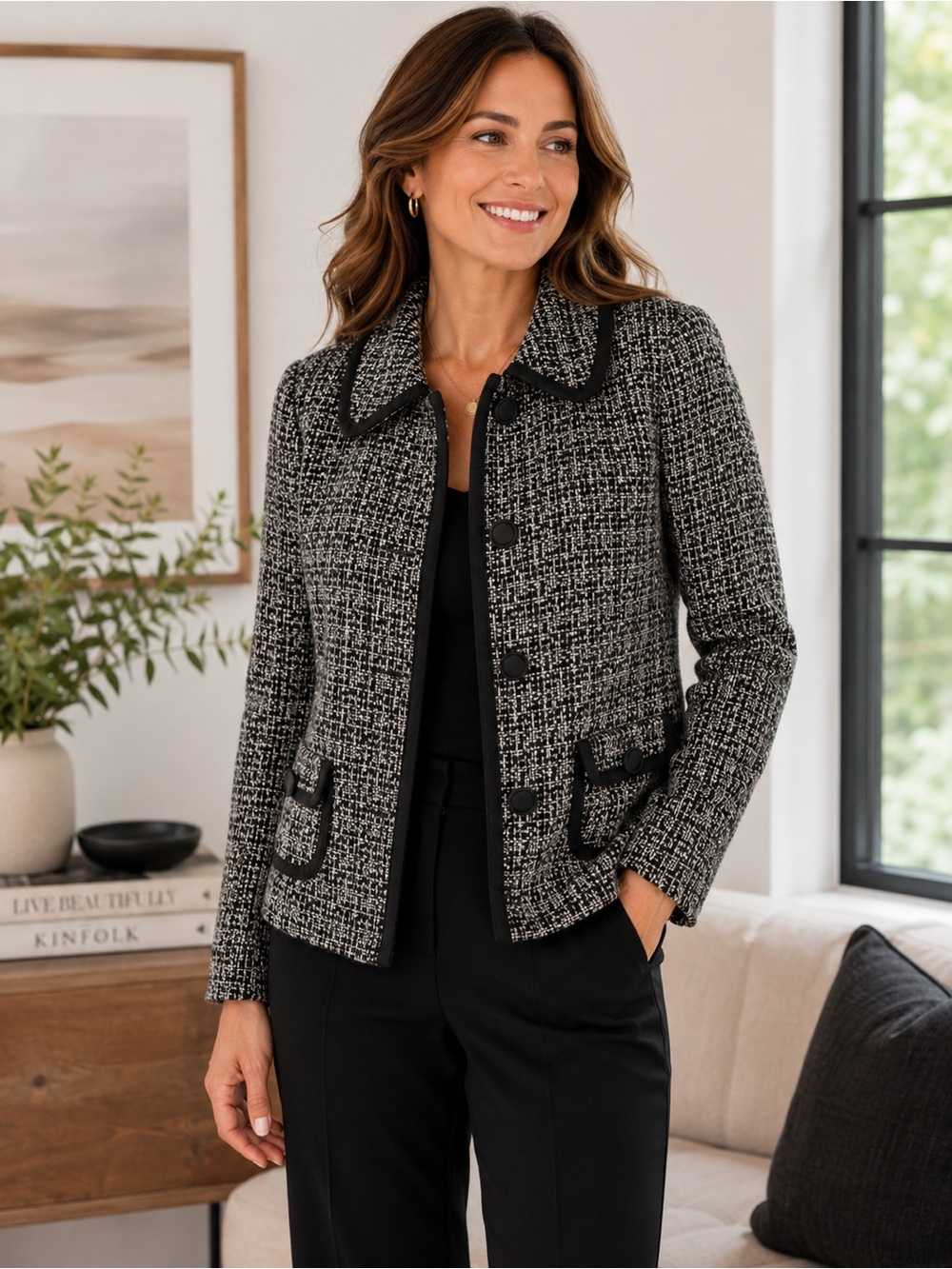 Pendleton Women’s Black White Tweed Blazer Jacket Size 6 Wool Blend Button Front